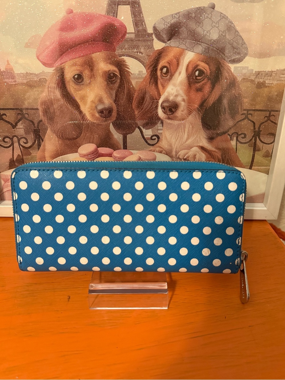 Michael Kors Blue and White Polka Dot Zip Wallet - Picture 2 of 8